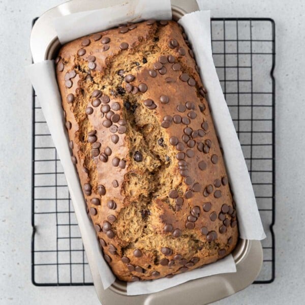 banana bread with chocolate chips in a baking pan.