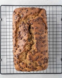 baked banana bread on a cooling rack.