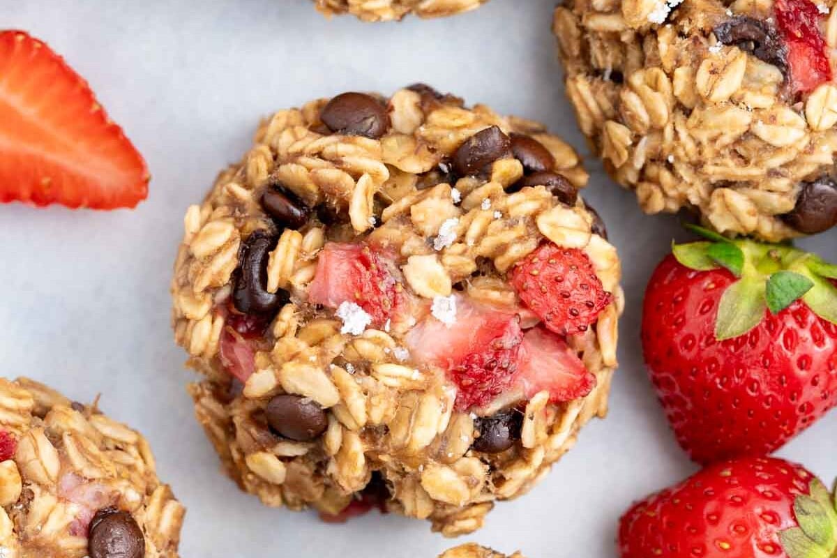 oatmeal cookie with chocolate chips and strawberries.