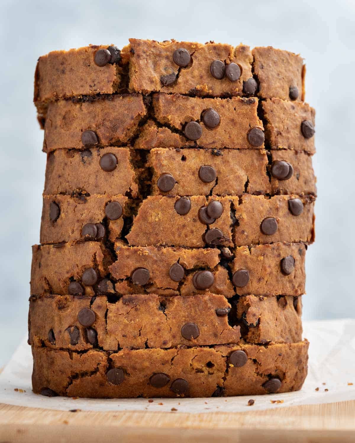 sweet potato bread slices stacked over each other.