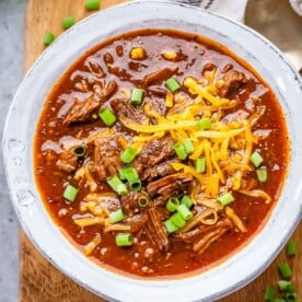 chili in a white round bowl.