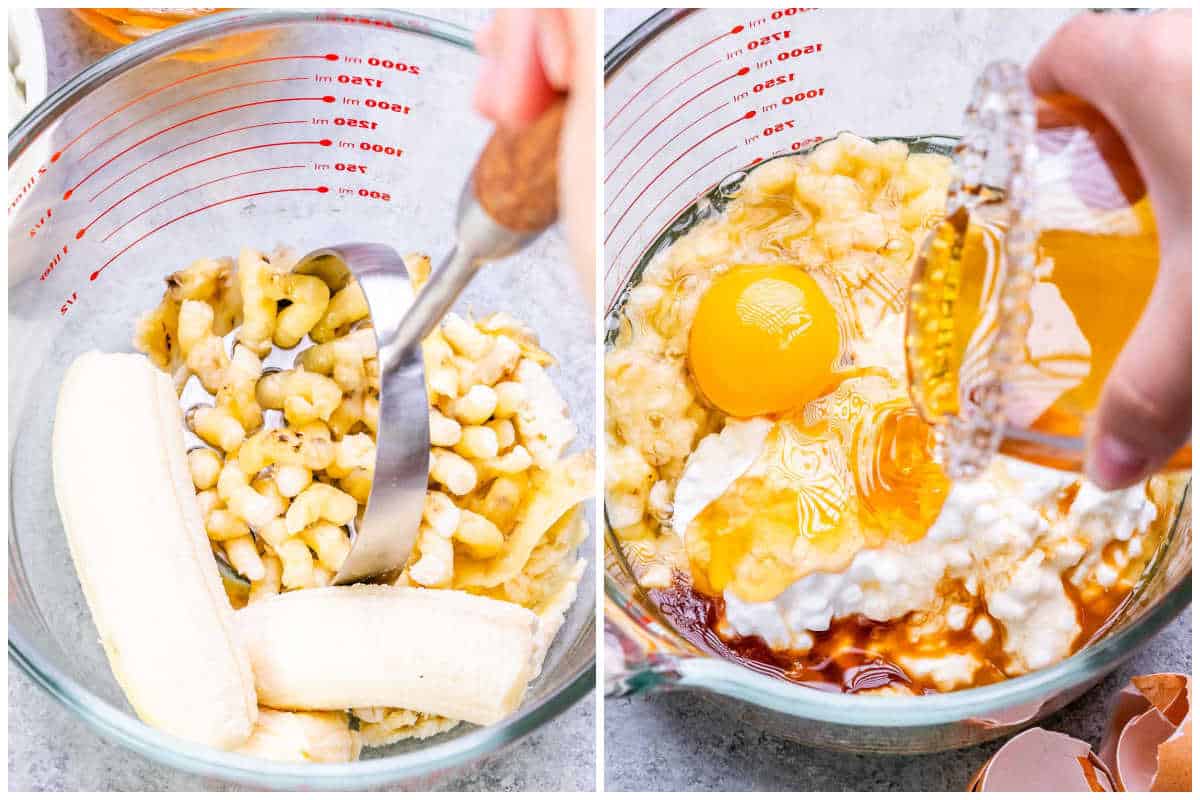 process shot to mash the bananas and add other ingredients to the measuring bowl.
