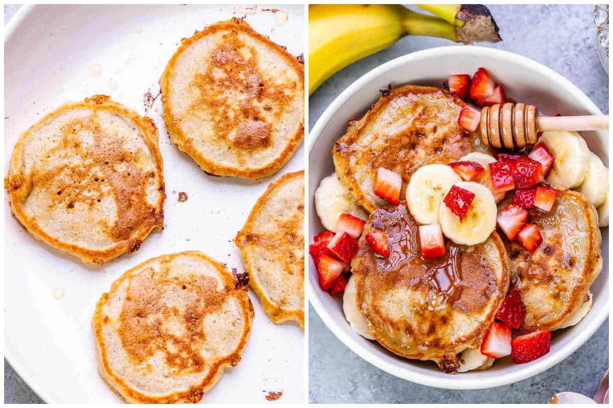 process shot of cooking pancakes in a pan and them serving in a bowl with strawberries and honey.