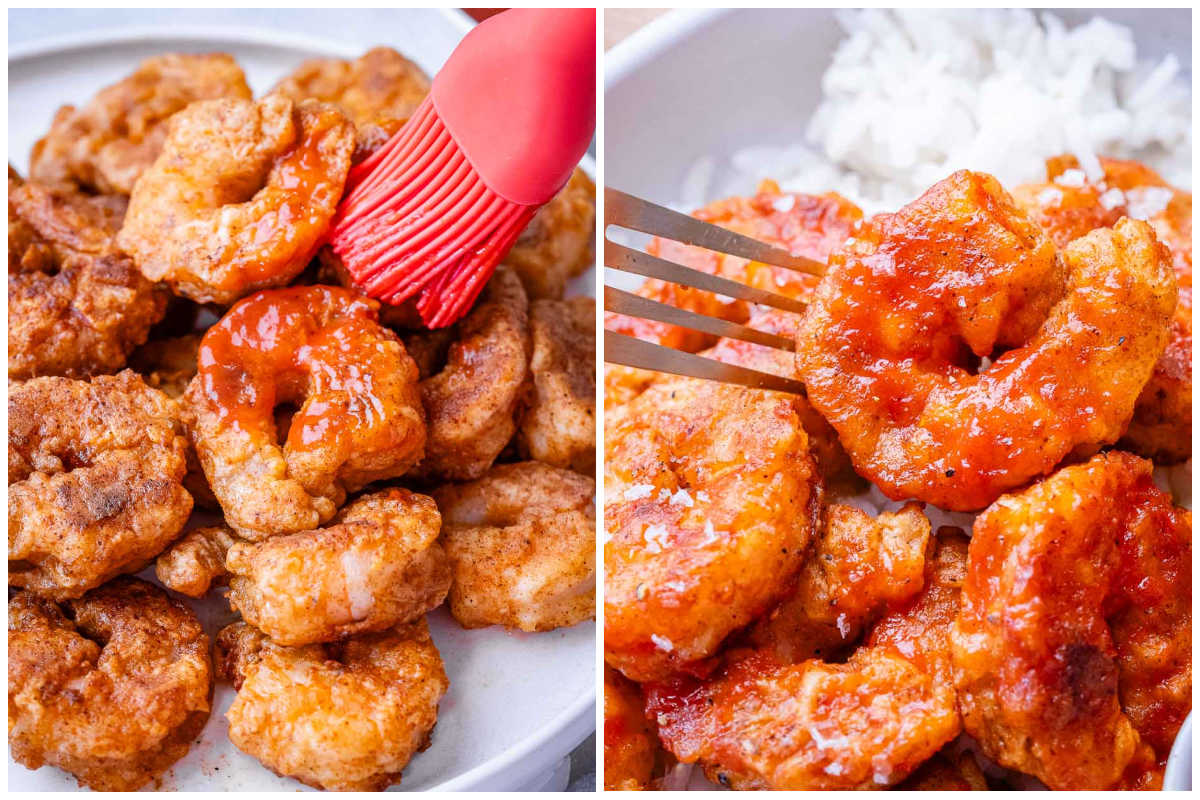 basting the shrimp and serving in a bowl.