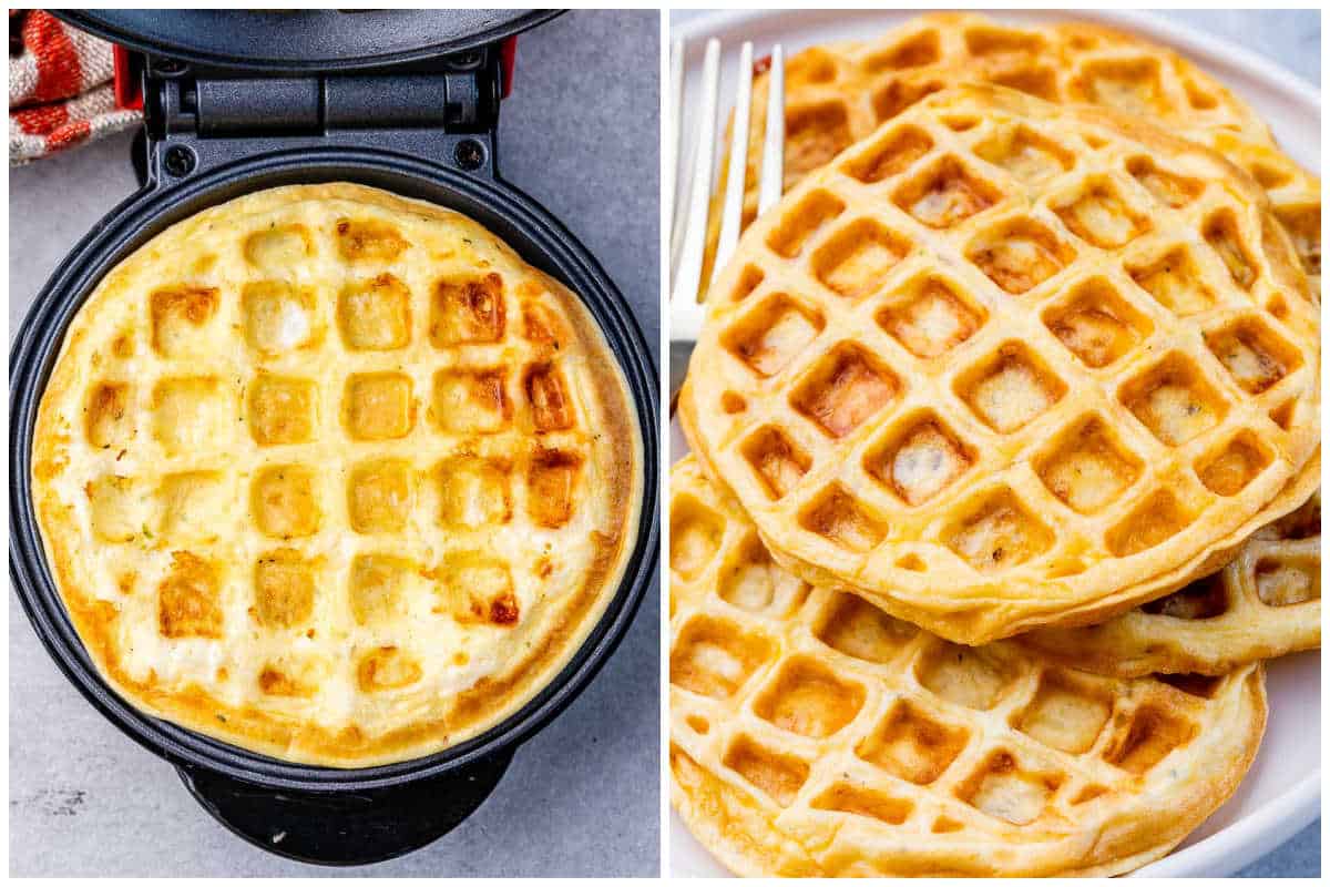 process shot to cook the chaffle in the waffle maker and adding it to plate.