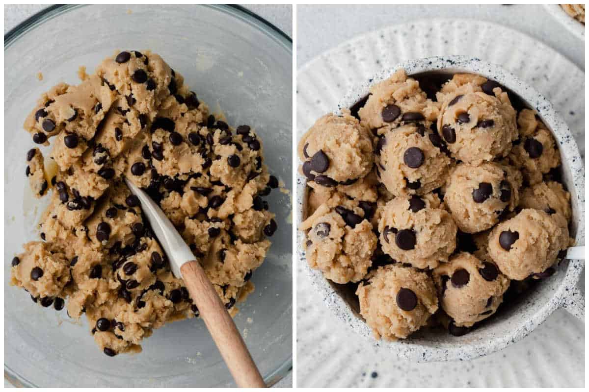 process shot of mixing in the chocolate chips and making single servings of cookie dough bites in a bowl.