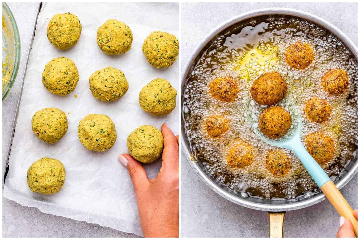 process shot making the falafel balls and frying them. 