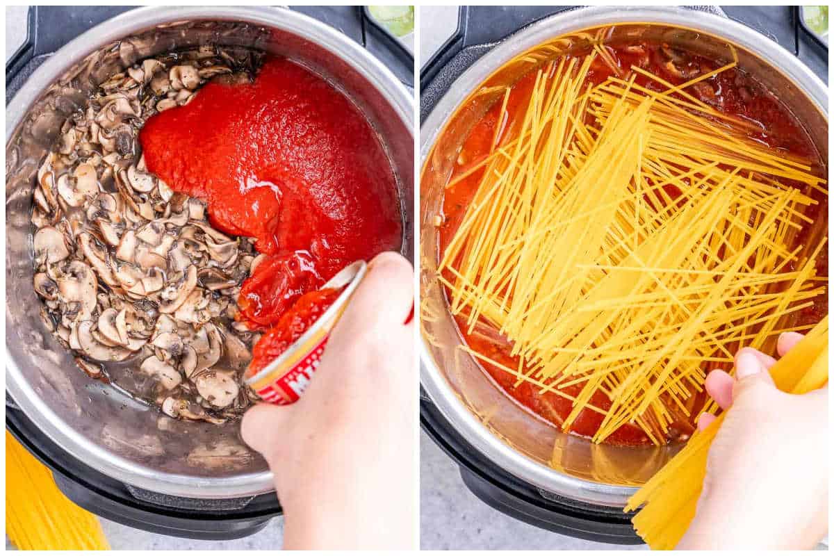 process shot of adding the marinara and the spaghetti into the Instant Pot. 