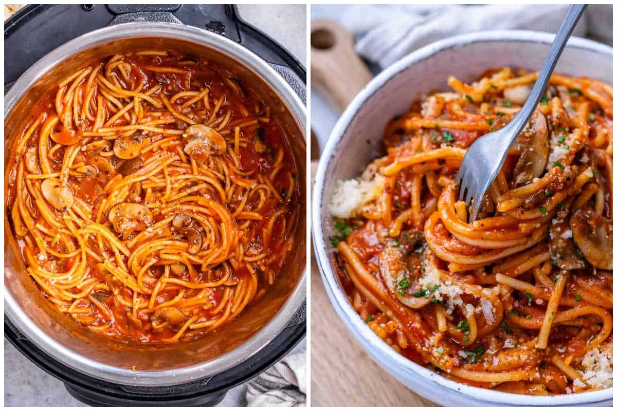 process shot of cooking off the spaghetti and serving it in a bowl