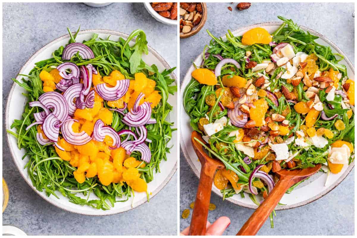 salad being layered with greens, mandarin oranges, and topped with nuts. 