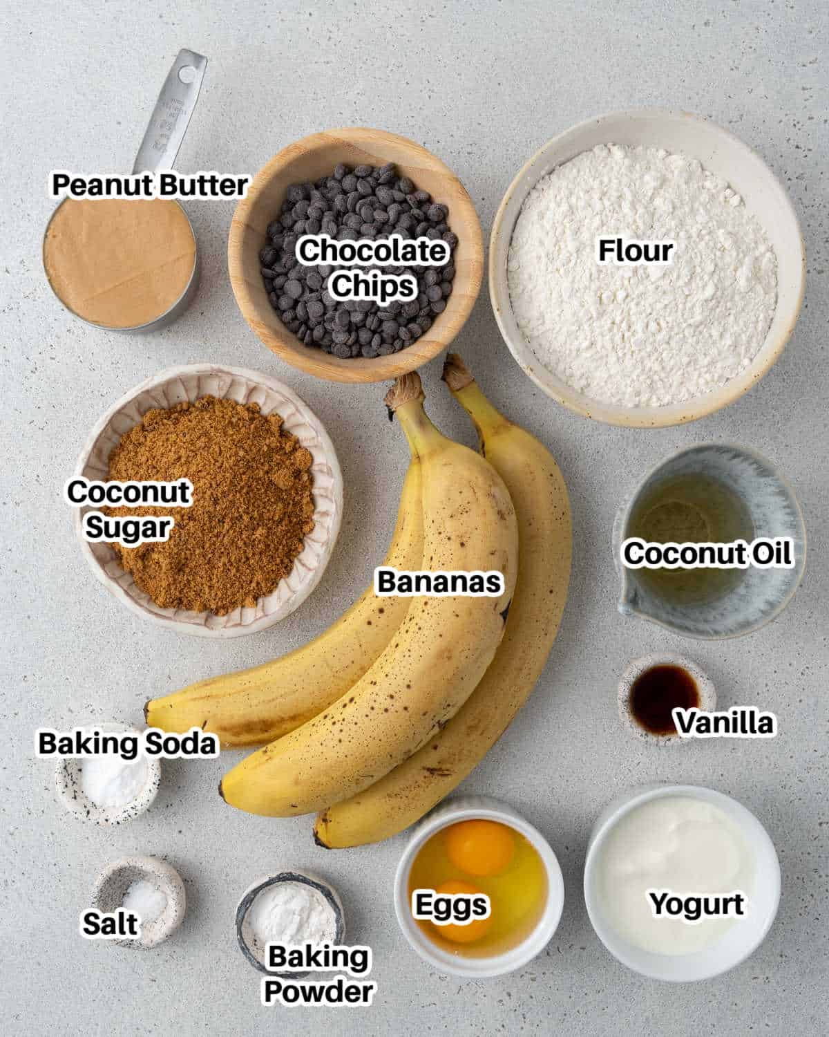 ingredients to make peanut butter banana bread.