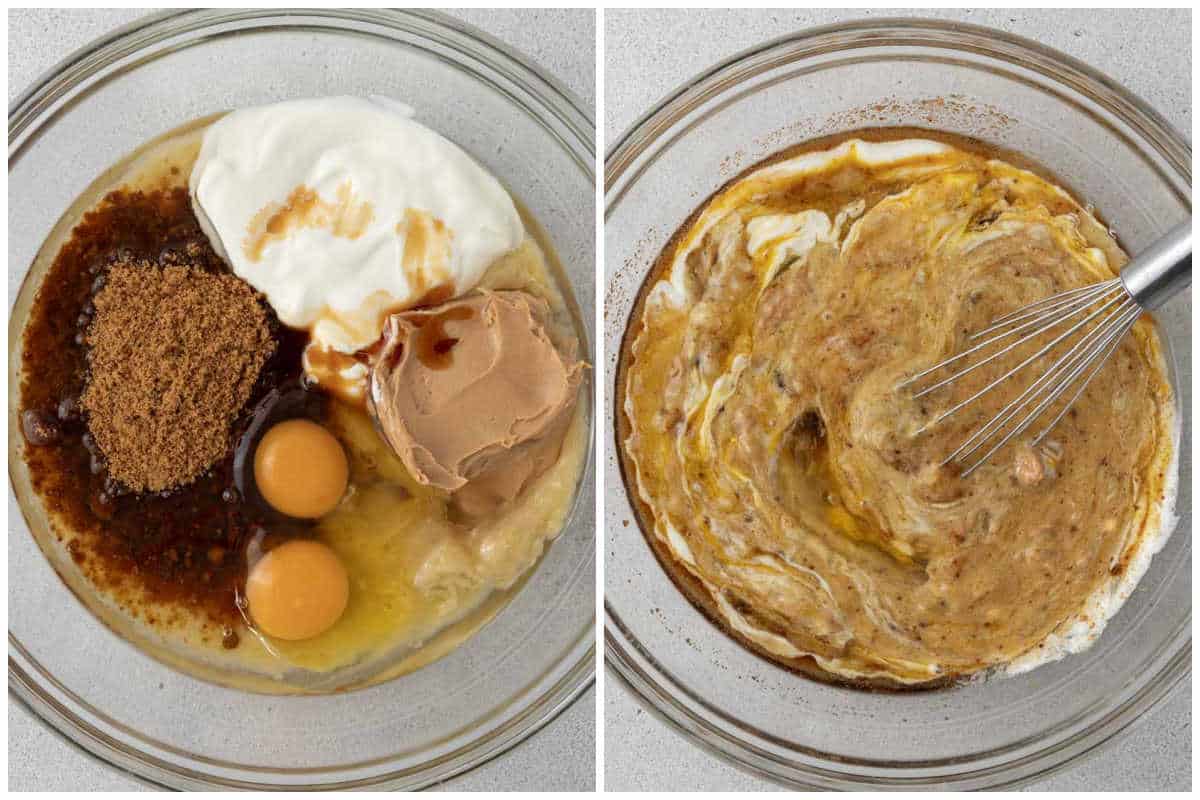 process shot to make the batter for banana bread in a bowl.