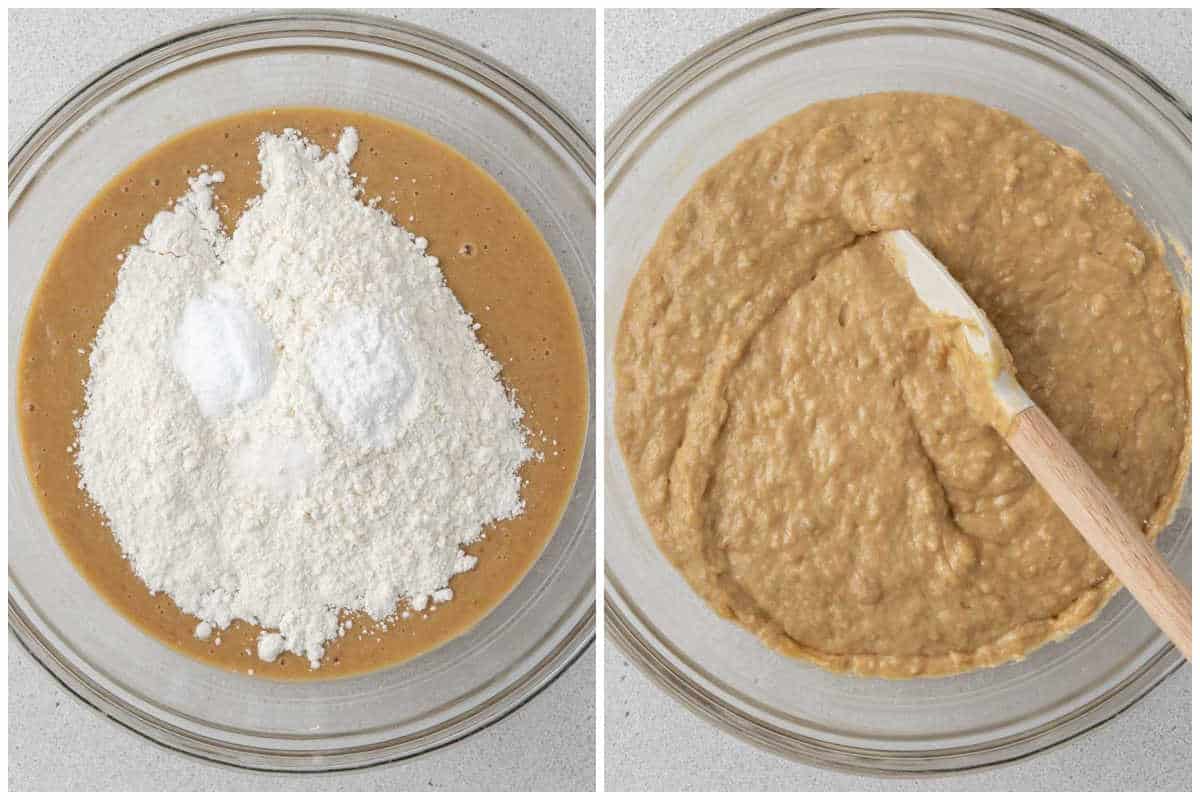 process shot showing adding flour to wet ingredients in a bowl and mixing to form a dough.