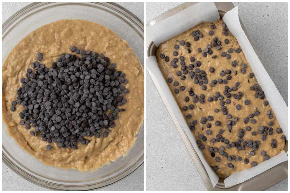 process shot showing adding chocolate chips and adding batter to the pan to be baked.