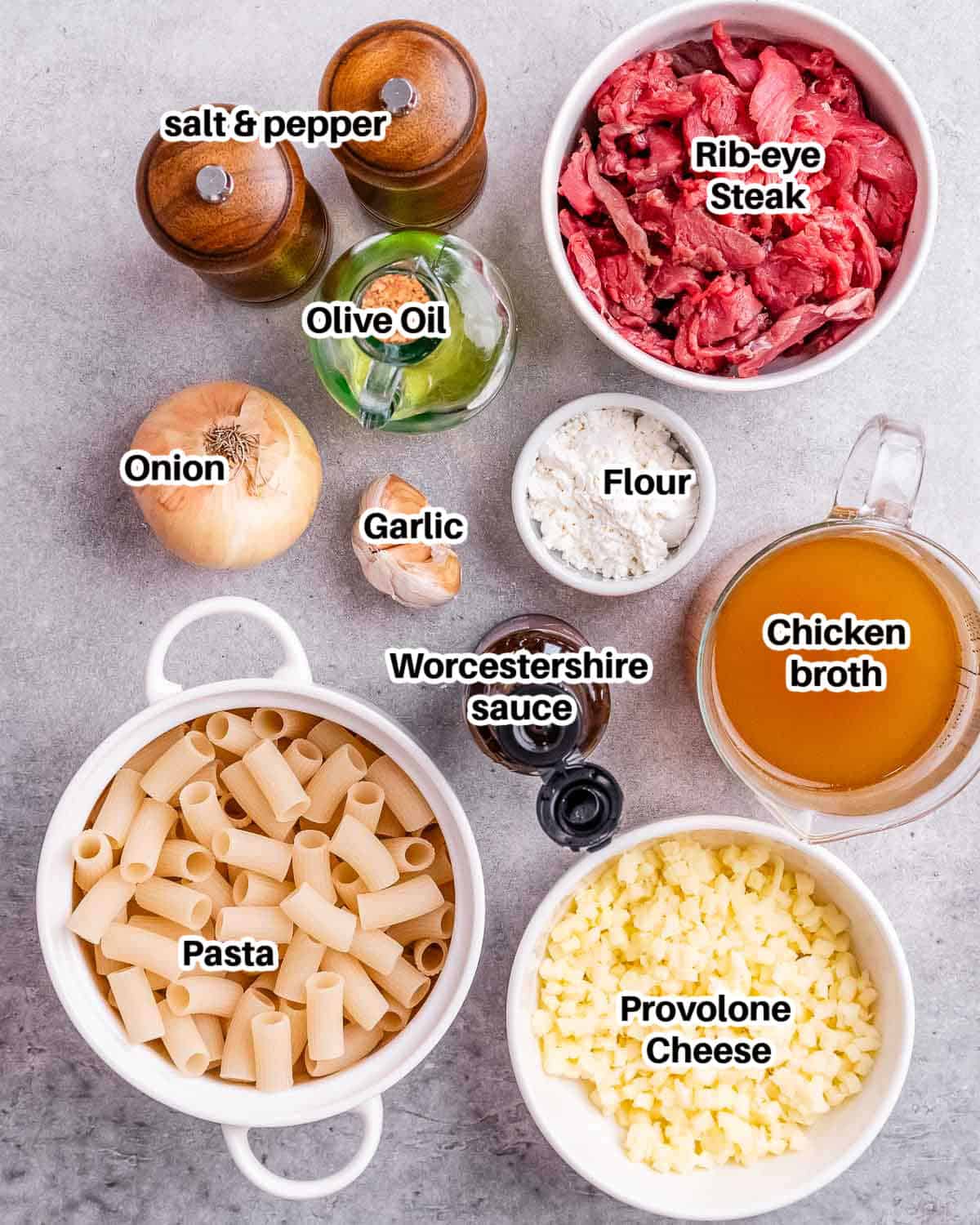 Ingredients for Philly Cheesesteak Pasta.