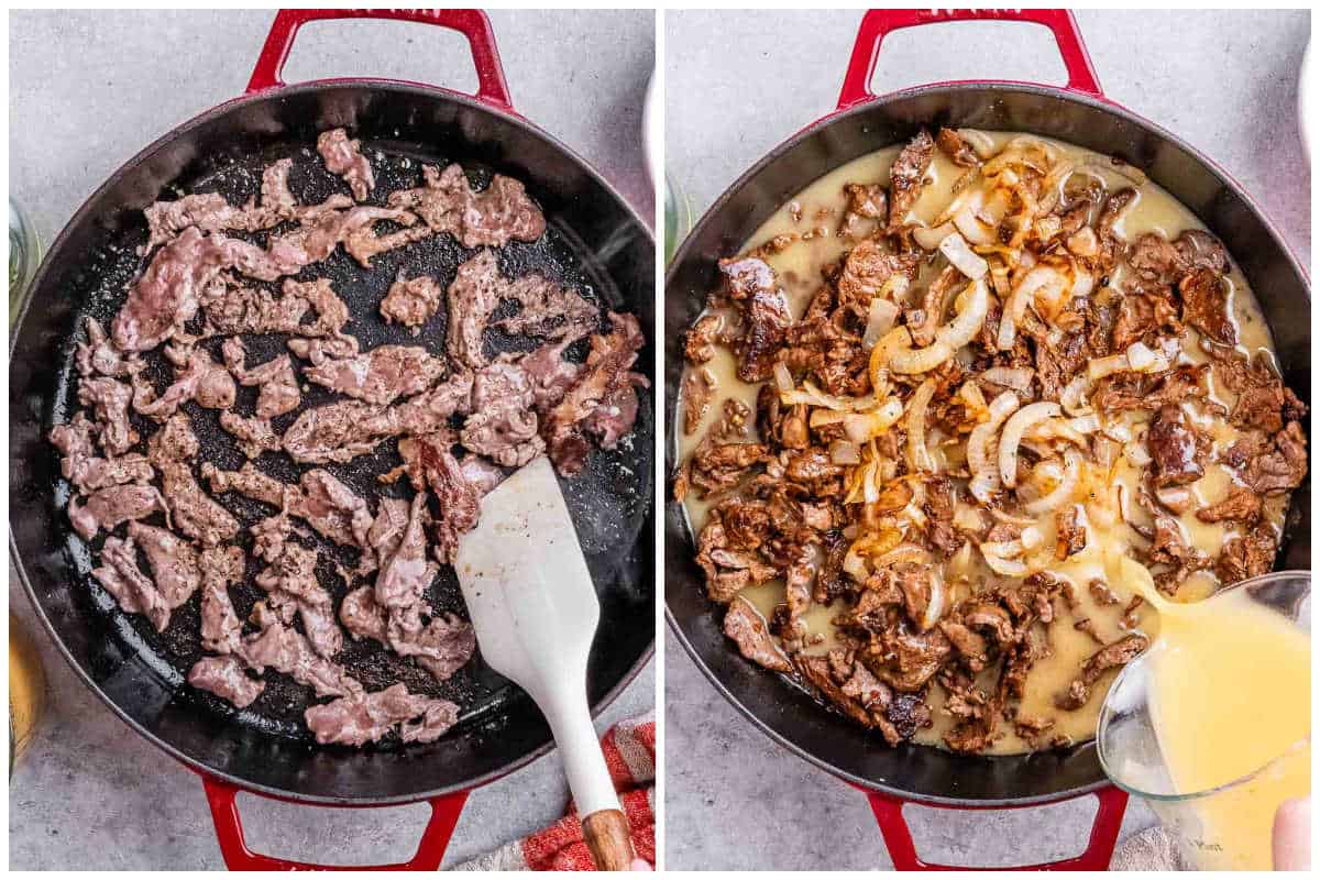 process shot to sear the beef and add the broth over the beef in a red pan.