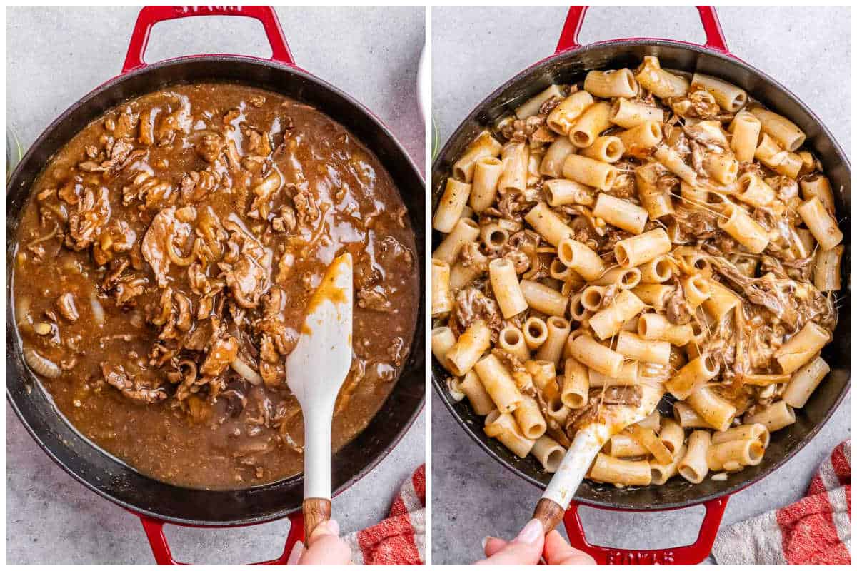 process shot to cook the beef in sauce, adding pasta with beef sauce in a red skillet. 