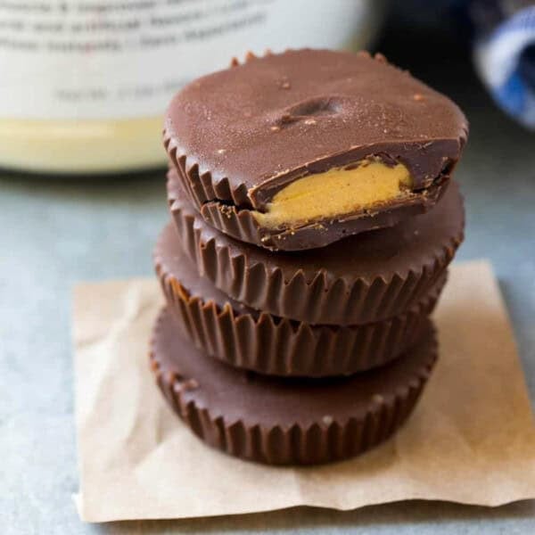 protein peanut butter cups stacked on each other.