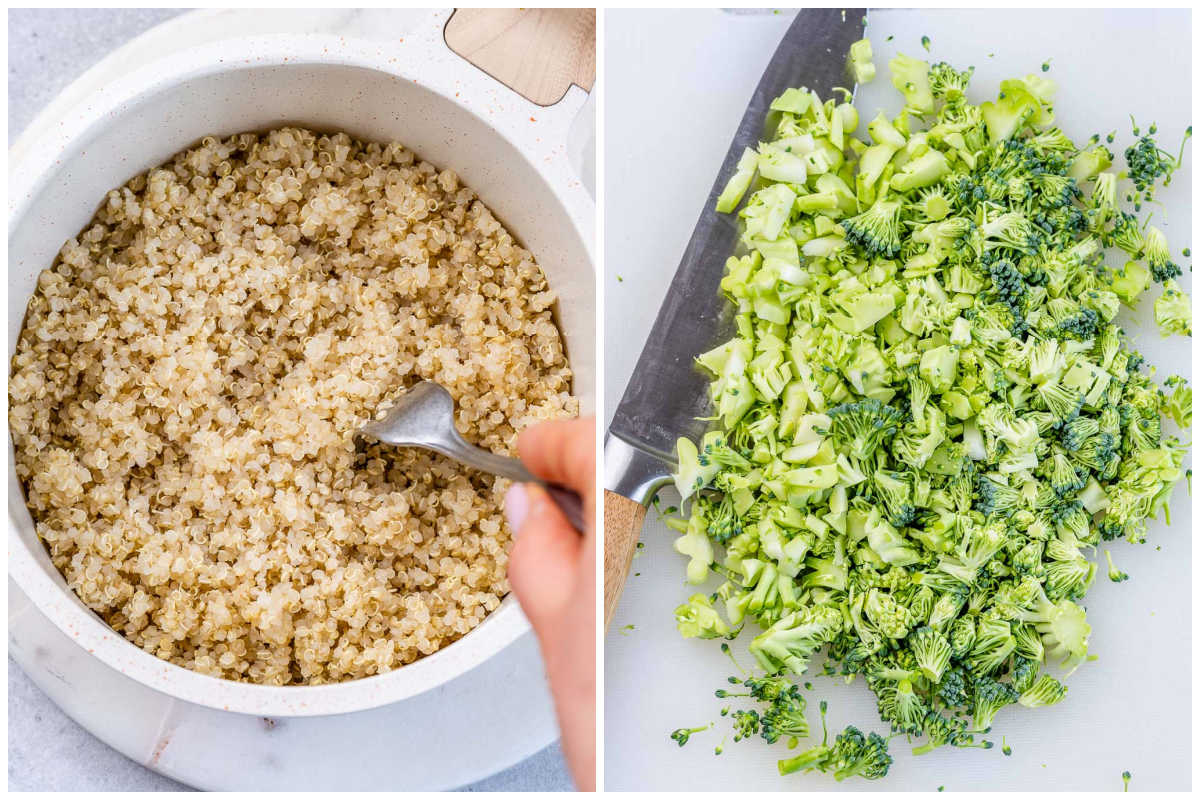 process shot to cook the quinoa and chopping the broccoli.