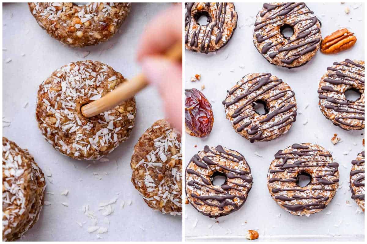 shaping the cookies and decorating with melted chocolate.