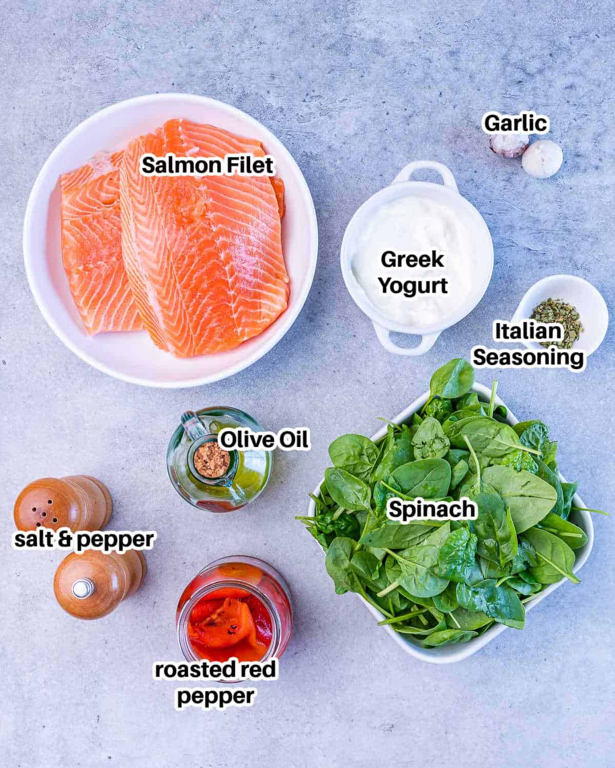 ingredients to make creamy spinach and salmon.  