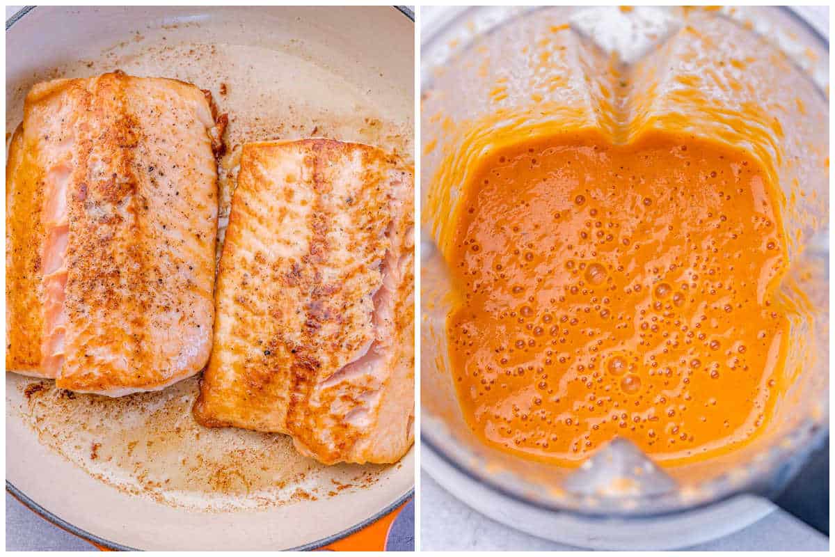 process shot to cook salmon in skillet and making the sauce for the salmon in the blender.