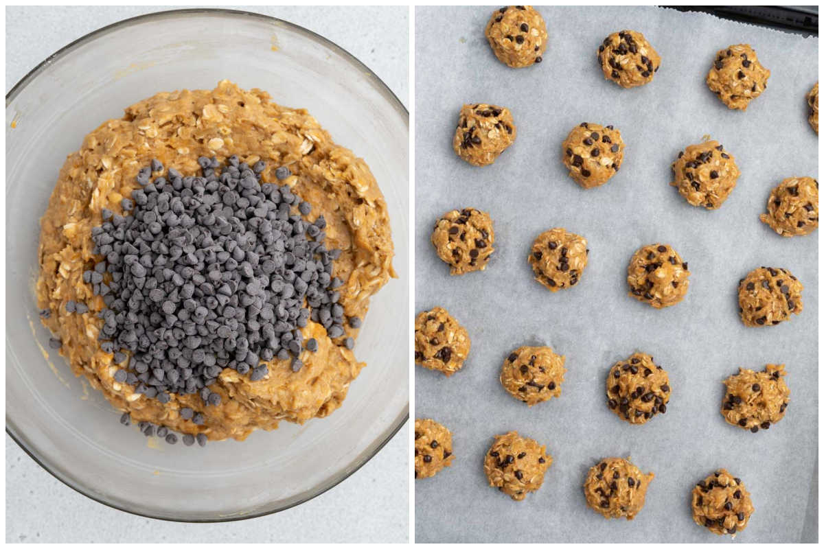 process shot to make the cookie dough and placing them on a sheet pan.