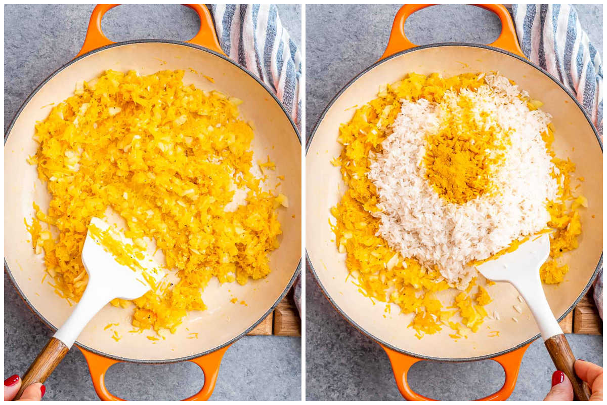 process shot cooking the veggies and adding rice over it in an orange pan