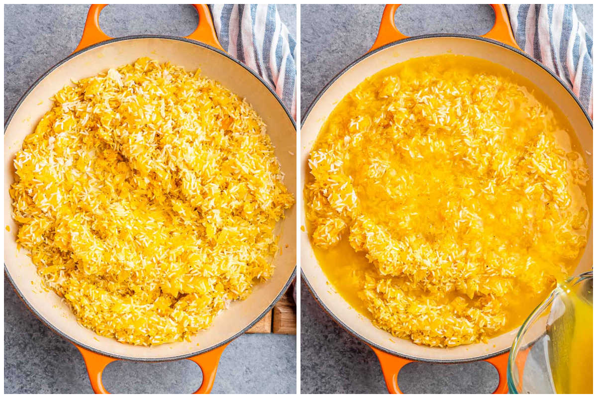 process shot to add broth over rice in an orange pan