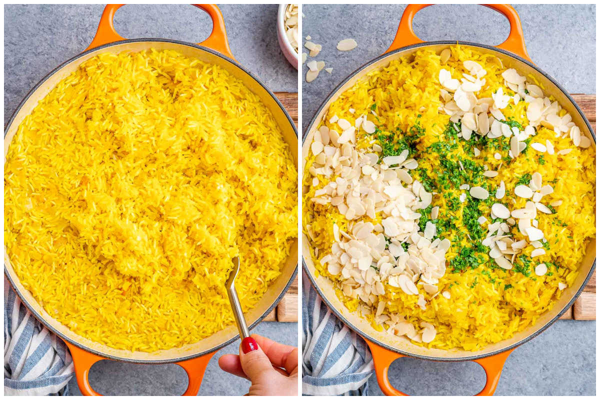 process shot to fluff yellow rice in an orange pan and adding nuts over it.