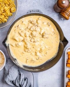 Overhead shot showing the creamy sauce coating the meat mixture.