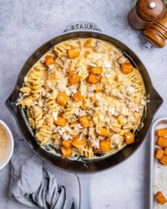 Overhead shot of Butternut Squash Pasta showing rotini coated in a rich, cheesy sauce with golden squash pieces throughout.