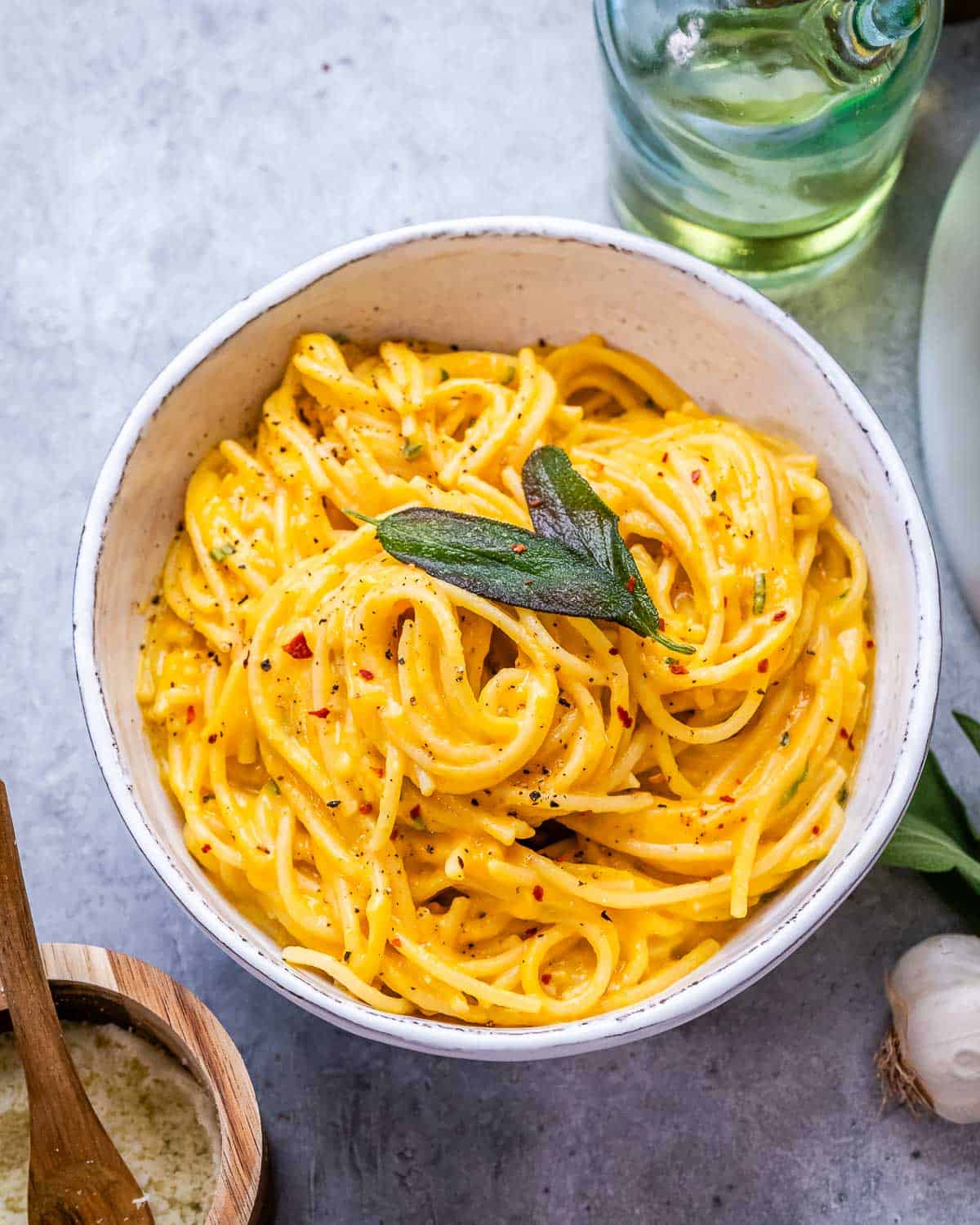pumpkin alfredo in a white bowl.