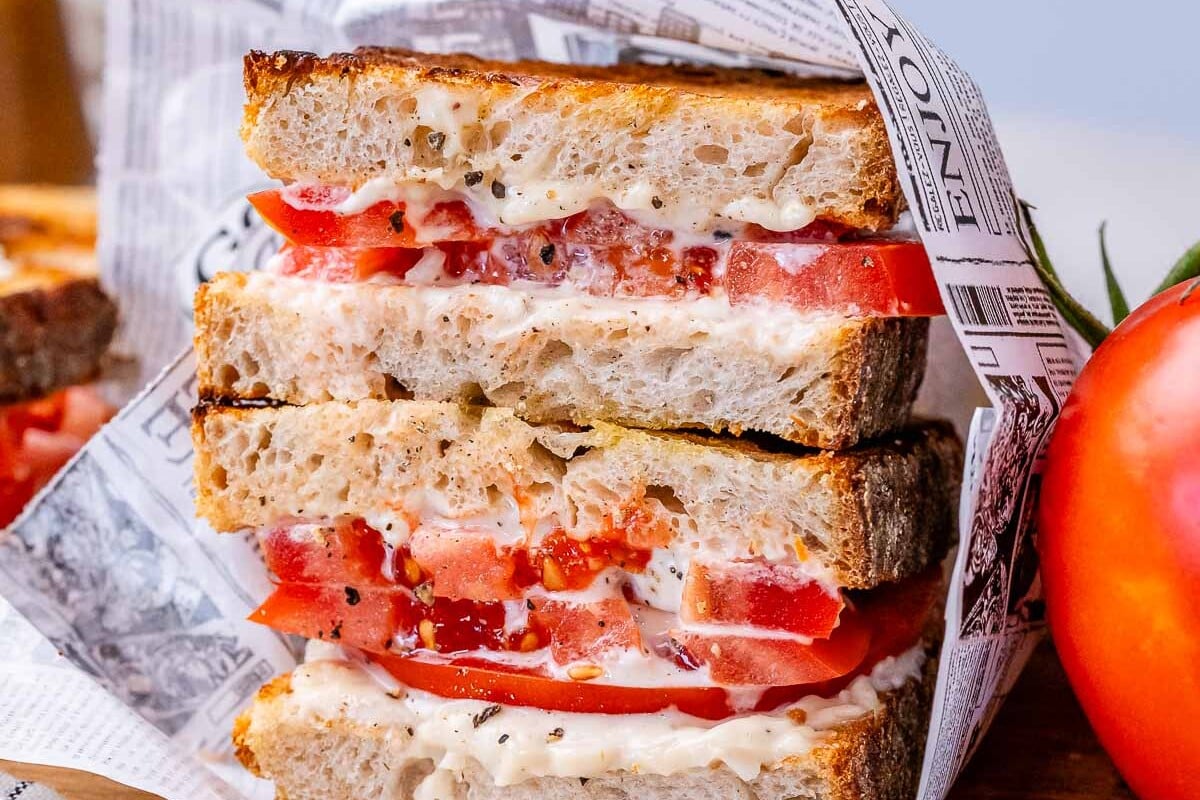 tomato sandwich view stacked over each other.