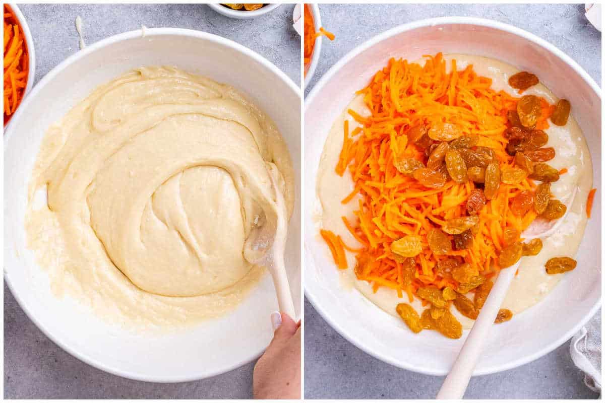 process shot for adding the shredded carrots and raisins to the batter and mixing.