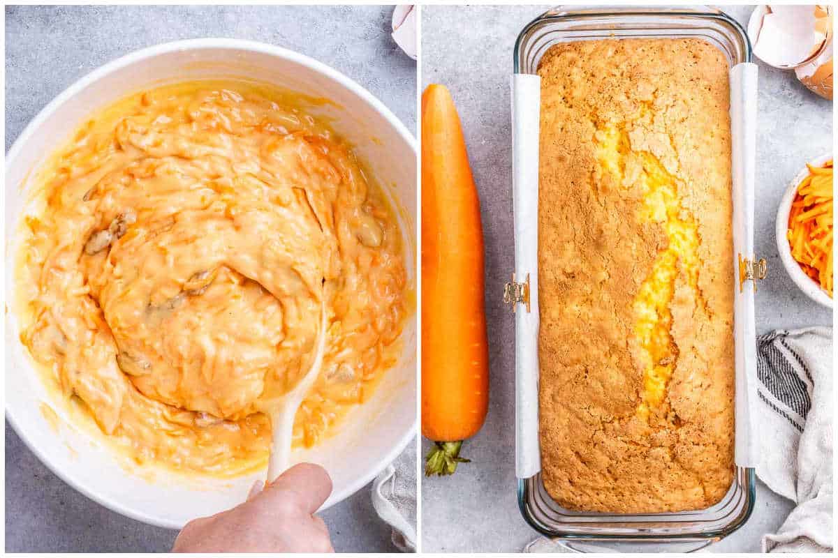process shot of baked loaf in a pan and sliced carrot loaf on a cutting board for cooling.