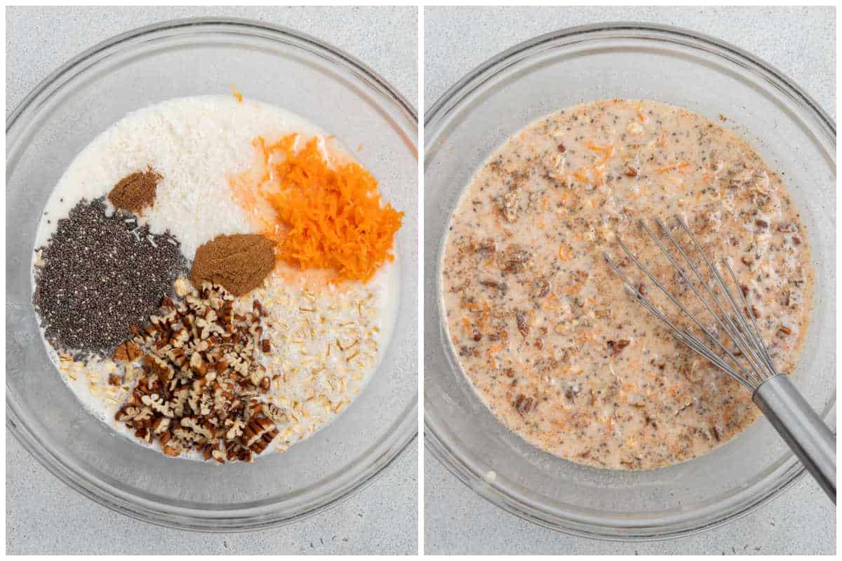 process shot to add the shredded carrots, coconut flakes, and nuts in the bowl of milk.