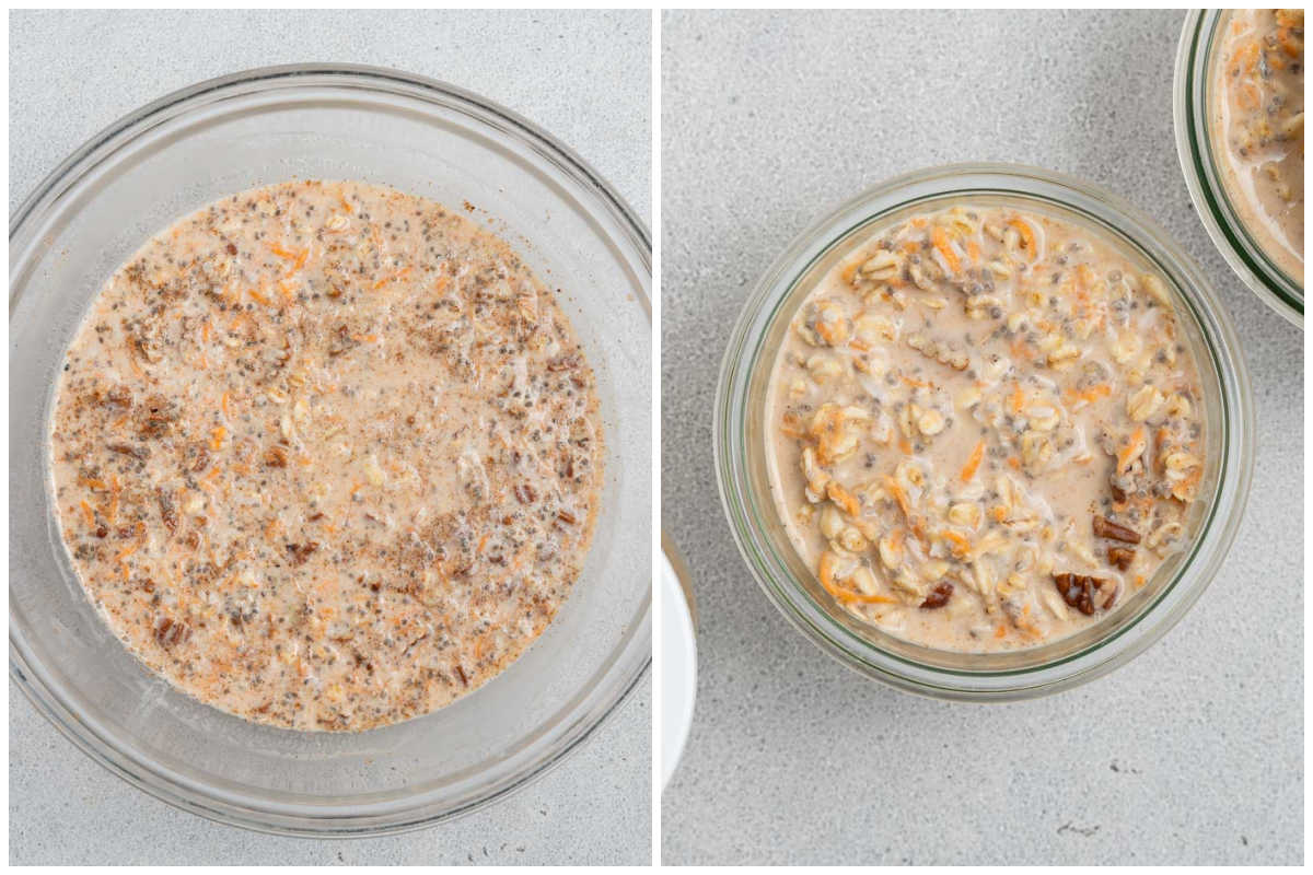 process shot of overnight oats in a bowl and adding in a cup.