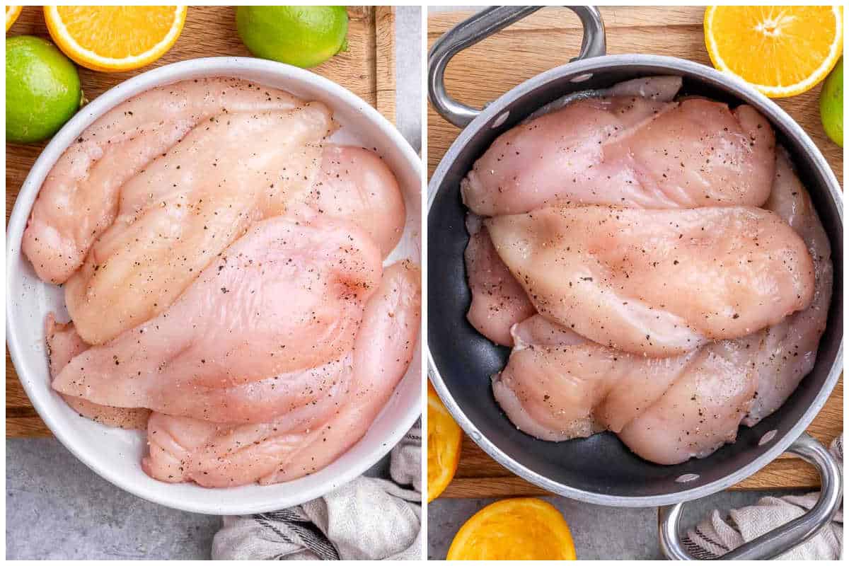 Process shot to season the chicken breast and add it to a pan.