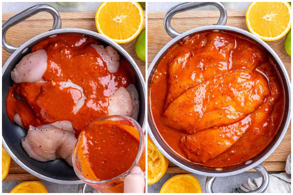 process shot of pouring the marinade over the chicken and marinating it in the pan.