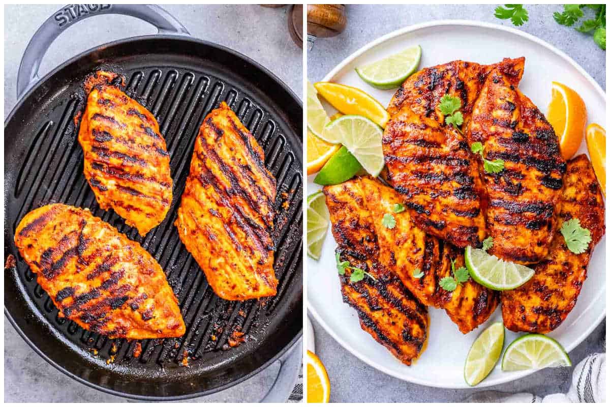 process shot of grilling the chicken and placing it over a plate.