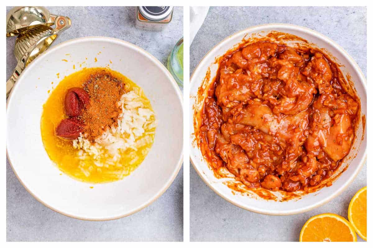 process sauce to make the chicken marinade and marinating the chicken thighs in a bowl 