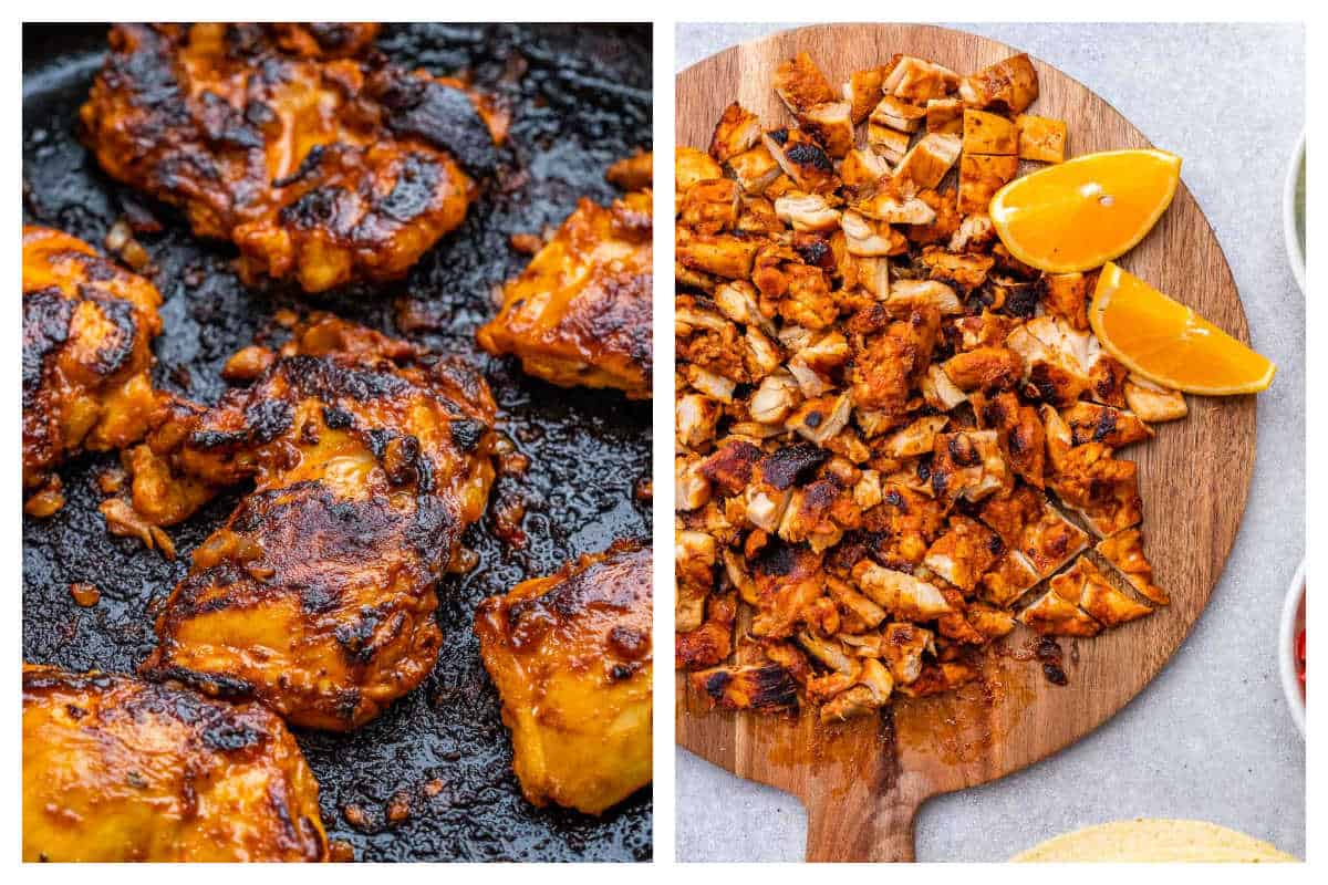 process shot of cooking the chicken in a skillet and slicing it for the tacos.