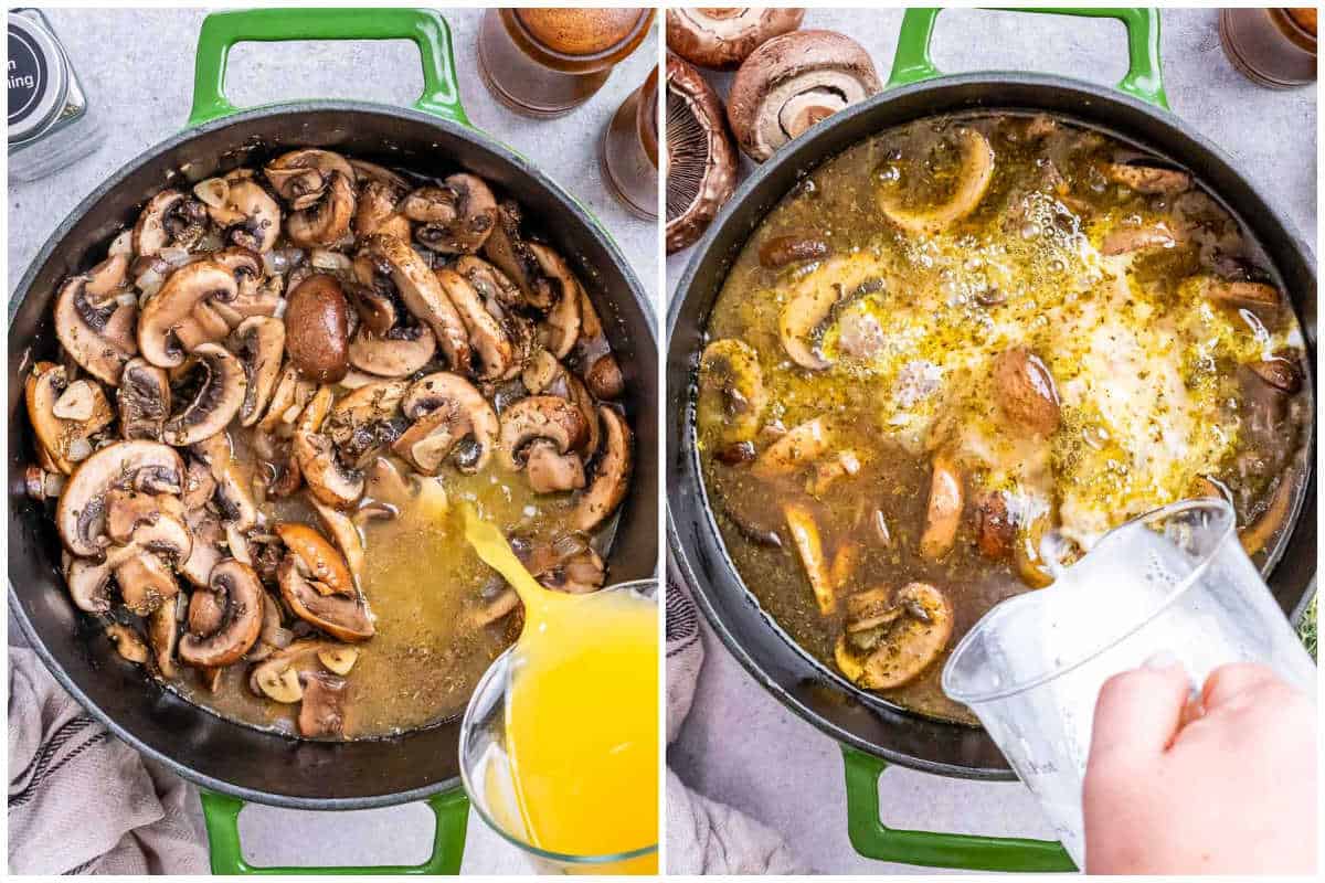 process shot of adding the broth and milk to the pan to make the soup.