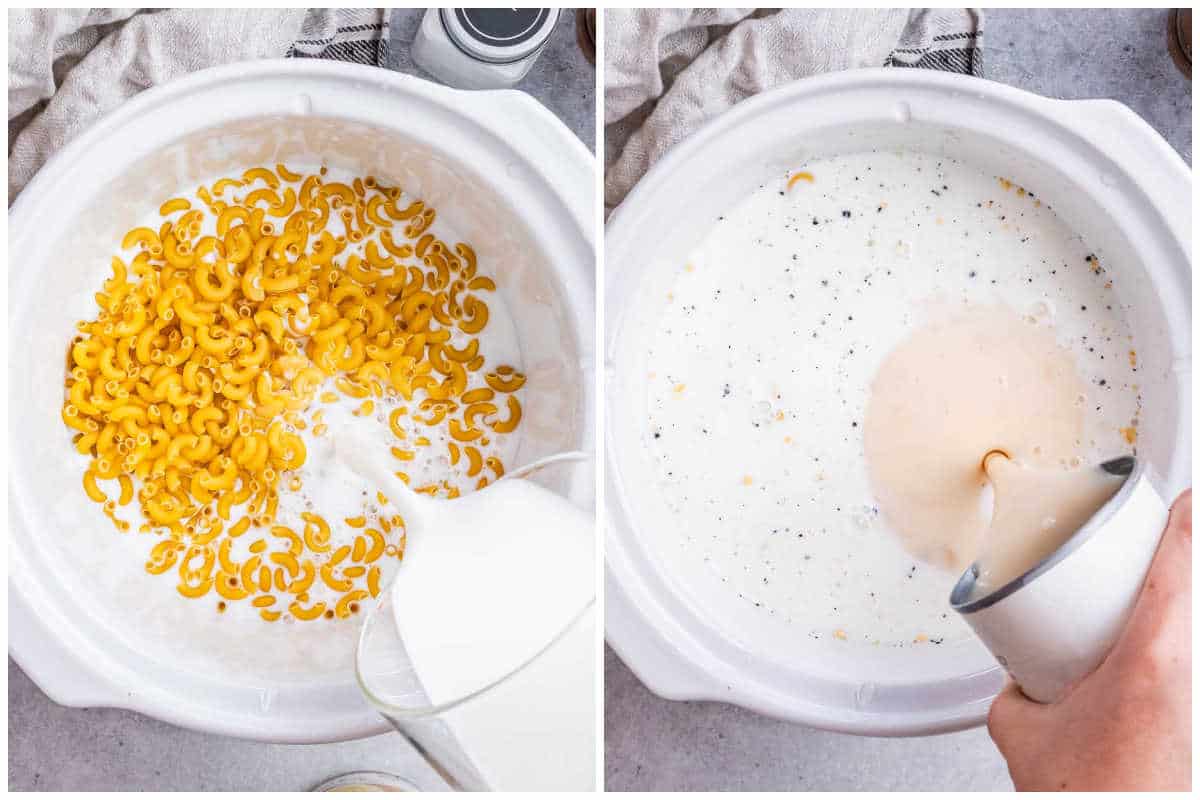 process shot of adding pasta to mac and cheese, along with the milk and cream of chicken soup.