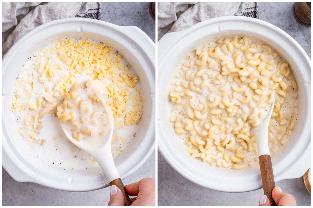process shot for cooked mac and cheese in crockpot and spoon in it.