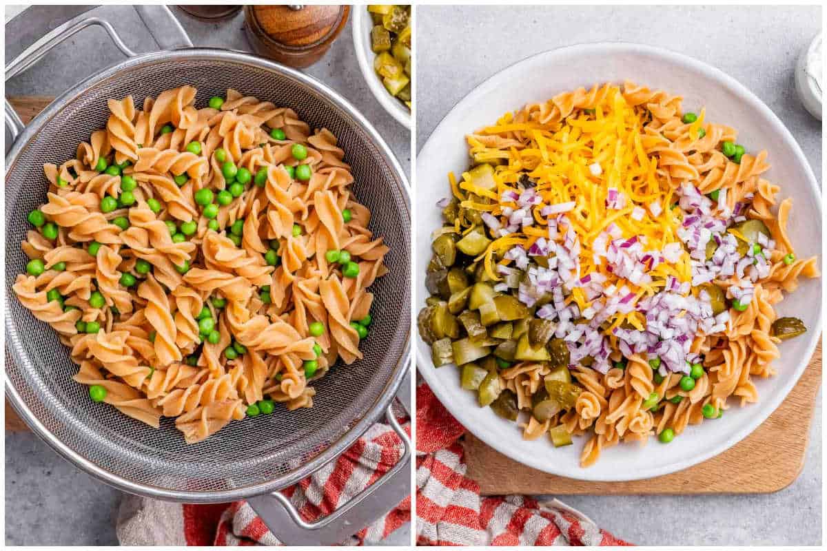 process shot to cook pasta and assemble the pasta salad in a bowl.