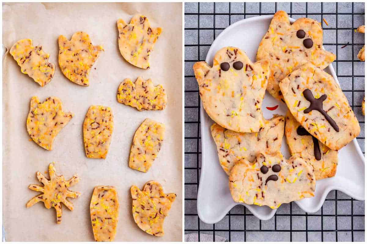 process shot of shaped cookies on a pan and baked cookies on a plate. 