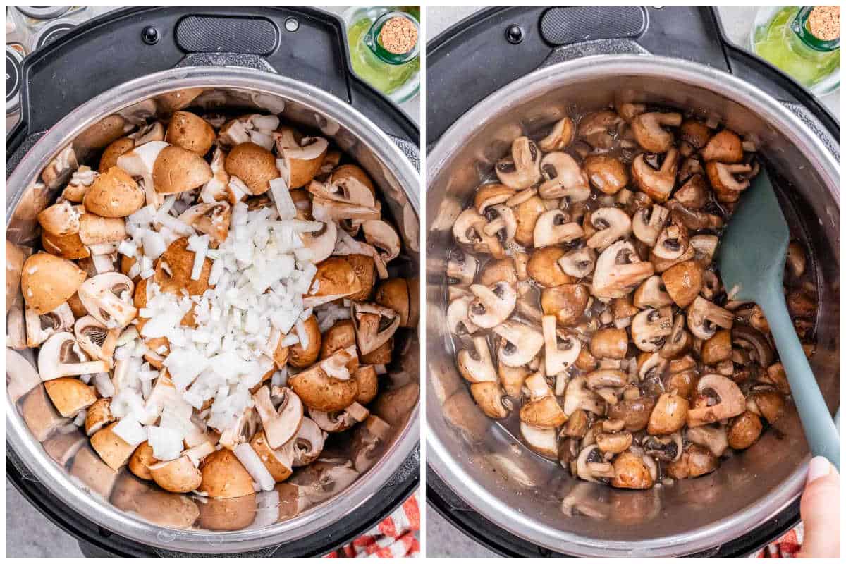 process shot showing cooking the mushroom and onion in the Instant Pot. 