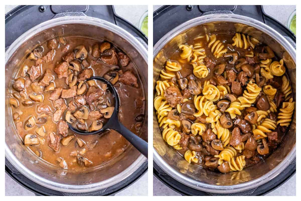 process shot to adding the pasta in the Instant Pot with the beef stew.